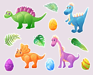 Sticker set of dinosaur character with  egg and tropical leaves. Vector kids illustration