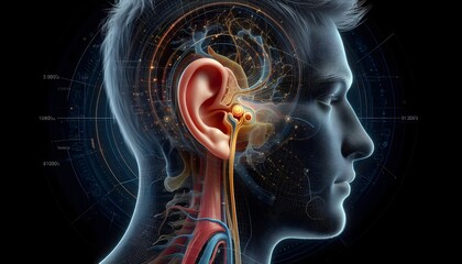 3D medical illustration of the human ear anatomy displaying outer ear, ear canal, and eardrum in a detailed and educational diagram.	
