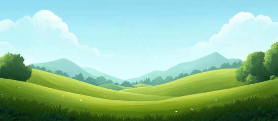 Vibrant Green Panoramic Landscape Under a Blue Sky with Fluffy Clouds Ideal for Text Overlay and Creative Projects