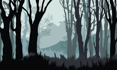 a dark mystical forest with silhouetted trees and foggy mountain layers in the background