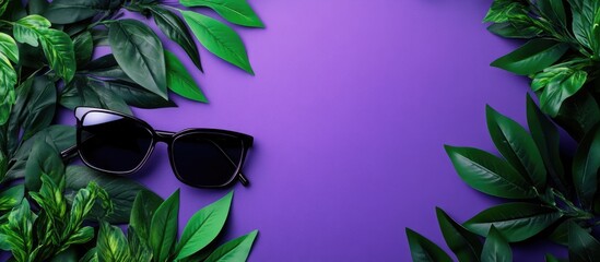 Green plants with sunglasses against a vibrant purple background ideal for summer promotions and discount advertisements with space for text