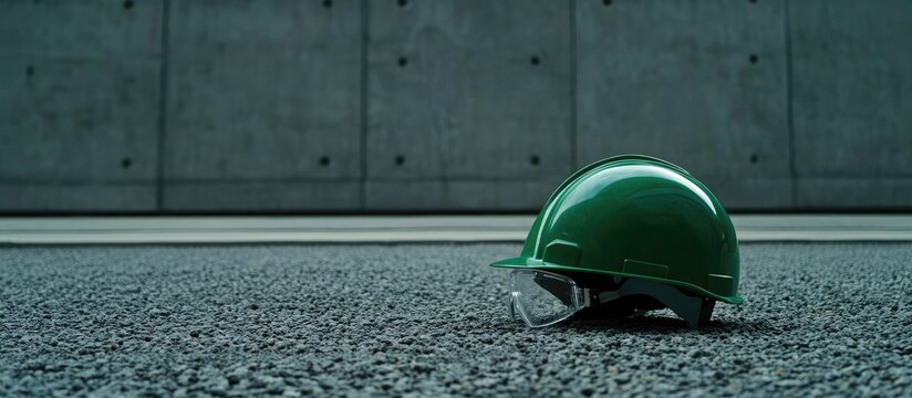 Green construction helmet on asphalt at a worksite with protective glasses emphasizing safety and empty space for text or branding.