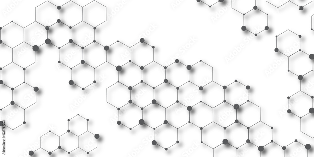 Poster Molecular structure abstract tech background. Geometric white background. Vector banner design with hexagons. Science network pattern, connecting lines and dots Medical background, Vector illustration