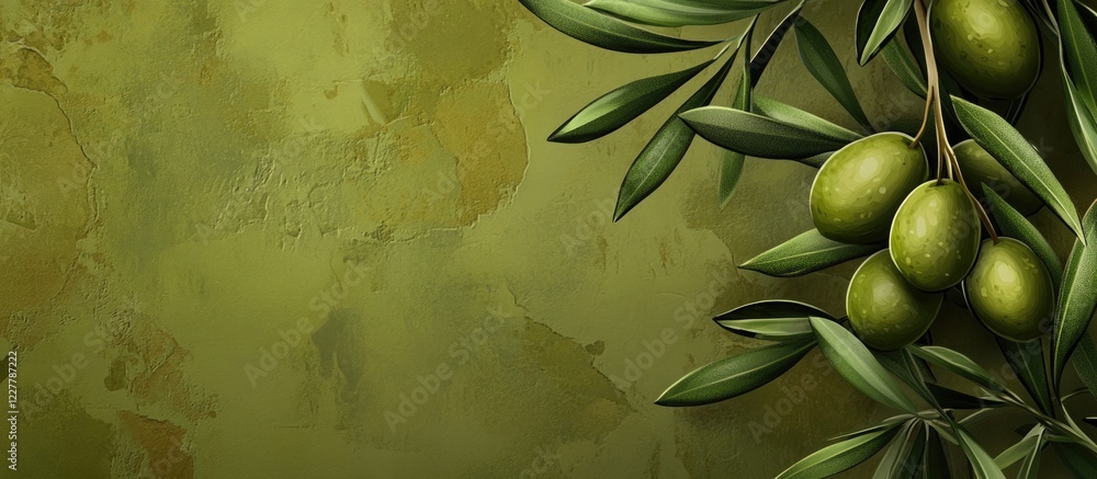 Poster green olives and branches frame a textured green background ideal for adding custom text or promotio