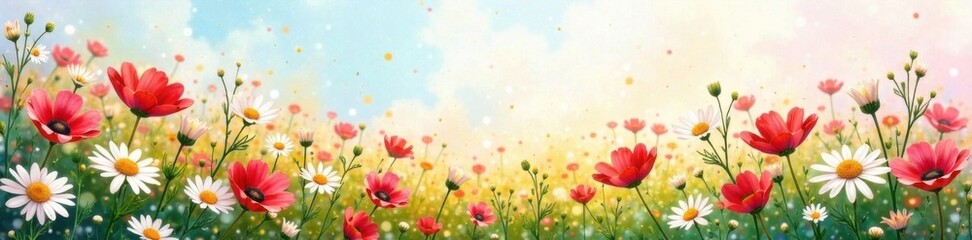 Colorful watercolor daisy field, floral patterns, wildflowers, field