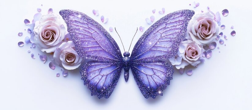 Glittering purple butterfly design embellished with roses and a blank space for personalized text or messages.