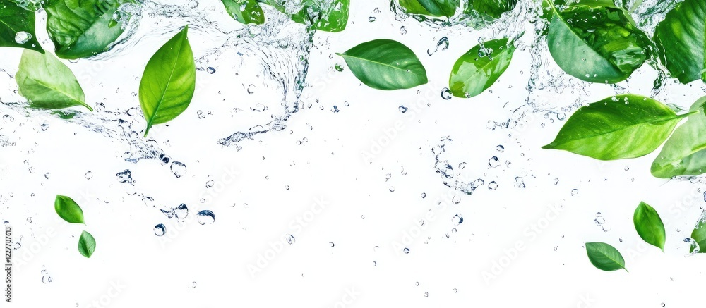 Poster green leaves splashing in water against a white background with ample space for text or branding app