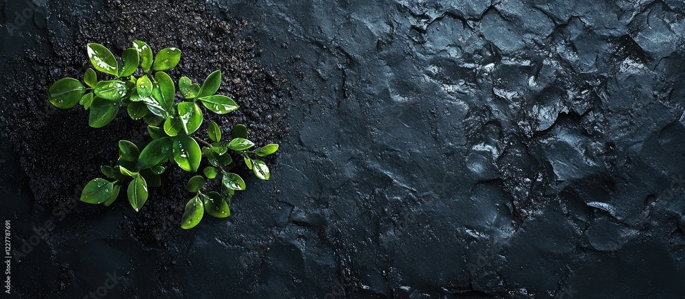 Poster green sapling with water droplets on dark soil background creating an ideal space for text or natura