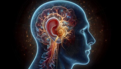 3D medical illustration of the human ear anatomy displaying outer ear, ear canal, and eardrum in a detailed and educational diagram.	

