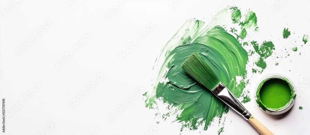 Poster green paint swatch and artist brush on a white background for creative projects and design with spac