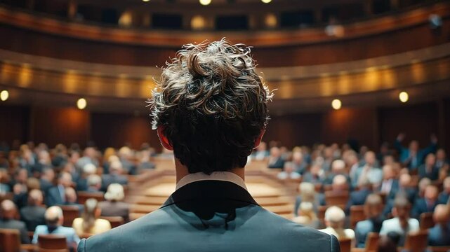 Speaker addresses a captivated audience in an elegant auditorium during an influential conference