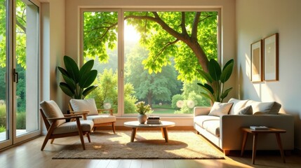 Fototapeta premium Sunlight streams through expansive windows illuminating a tranquil living room featuring comfortable seating arrangements and lush potted plants, creating a serene and inviting atmosphere.