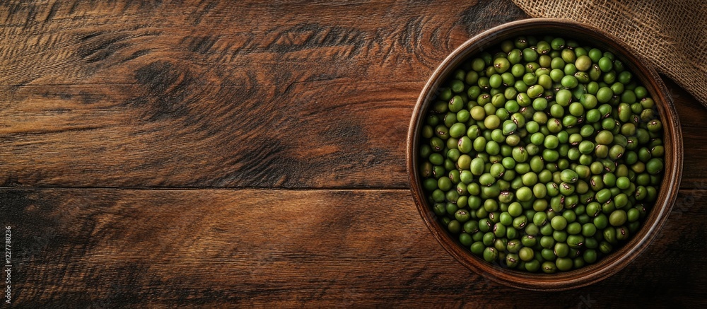 Poster fresh green soybeans in a rustic wooden bowl on a table with empty space for text or branding, ideal