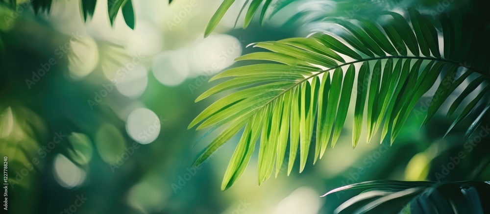 Poster lush green tropical leaves with a soft blurred background creating ample copy space for text or prom