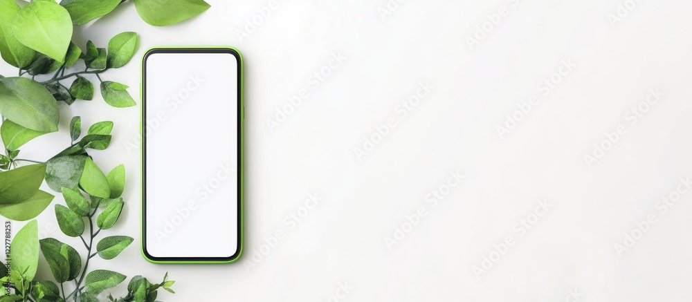 Poster green smartphone on white background surrounded by leaves with empty space for text and product disp