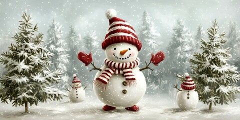 Obraz premium Festive Snowman in Winter Wonderland with Snow Covered Trees and Smaller Snowmen