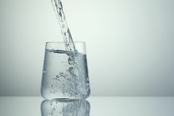 Pouring refreshing soda water into glass on light grey background, closeup. Space for text
