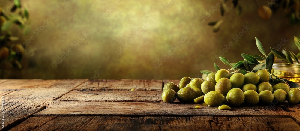 Poster green olives on a rustic wooden table with olive oil creating a healthy eating concept and ample emp