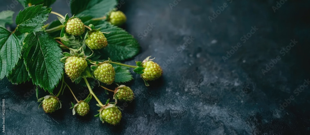 Aufkleber green strawberries on stem surrounded by fresh leaves with dark background and copy space for text o