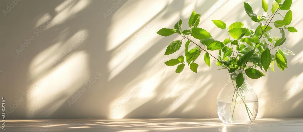 Wall mural Green leaves in a glass vase illuminated by sunlight creating soft shadows with ample blank space for text or messaging