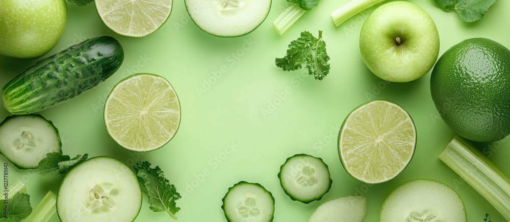 Poster fresh green smoothie ingredients with apple cucumber celery and lime arranged on a pastel background