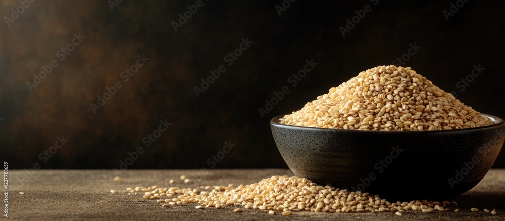 Poster grain pile with a bowl of rice on a dark background highlighting textures and ample space for text o