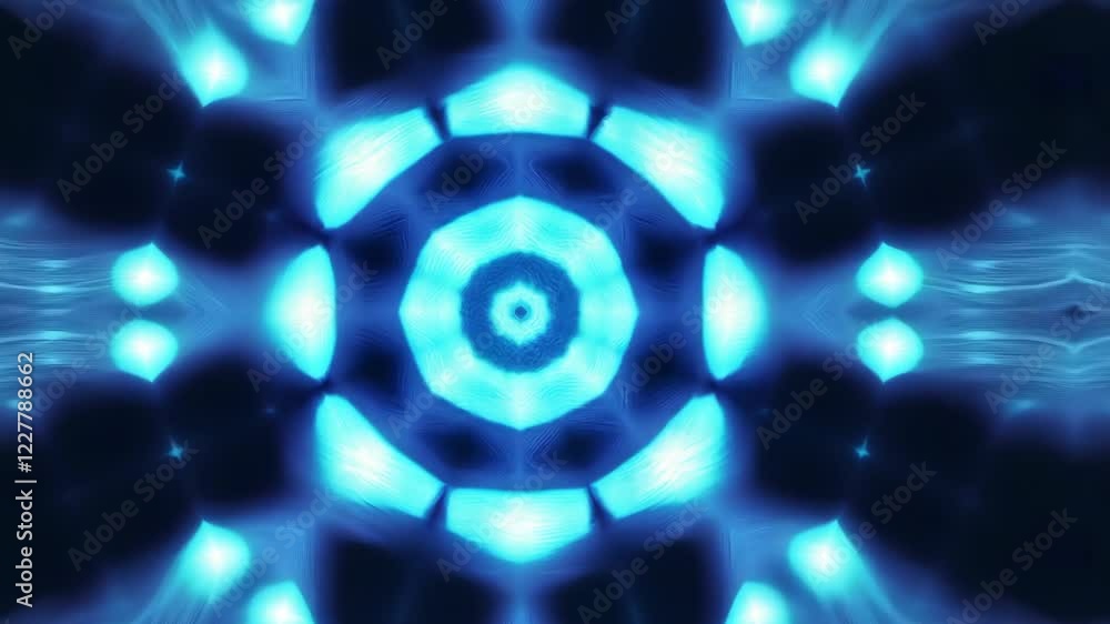 Poster vibrant blue kaleidoscopic pattern with light effects creating symmetry and depth in abstract design
