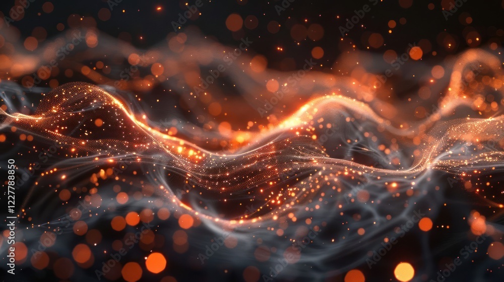 Poster abstract representation of flowing waves with glowing particles in a dark background, showcasing mov