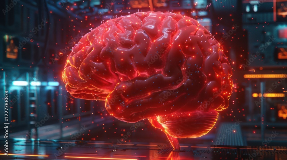Poster vibrant digital brain illuminated in a high-tech lab, surrounded by glowing circuits and data stream