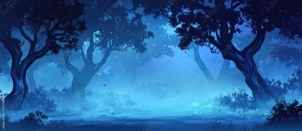Poster mysterious dark forest scene at night with enigmatic fog and trees featuring empty space for text or