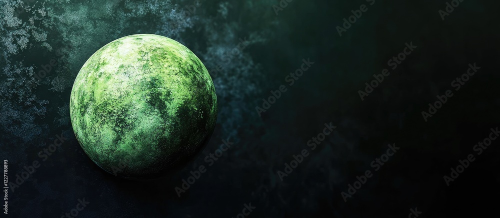 Poster vibrant green planet on dark background with ample copy space for text and design elements
