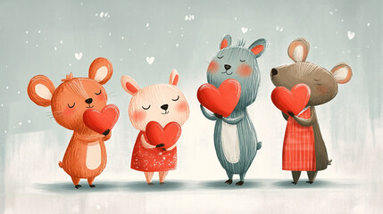 Fototapeta premium A whimsical Valentine's Day card featuring adorable cartoon animals holding hearts.
