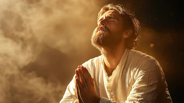 Man in prayer experiences deep emotion amidst serene light and soft smoke during a spiritual moment