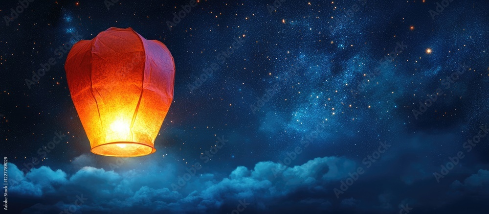 Poster glowing sky lantern floating in a starry night sky with ample empty space for personalized text or m