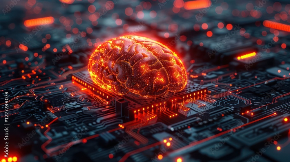 Poster a glowing brain on a circuit board, symbolizing advanced technology and artificial intelligence