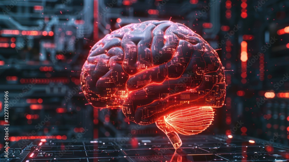 Poster futuristic digital brain in a high-tech environment showcasing neural connections and data flow