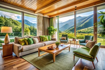 Naklejka premium Cozy Danish Villa Living Room: Mountain View, Large Windows, Macro Details