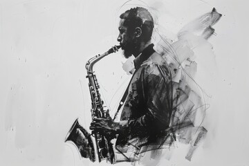 watercolor black and white illustration of a musician playing saxophone