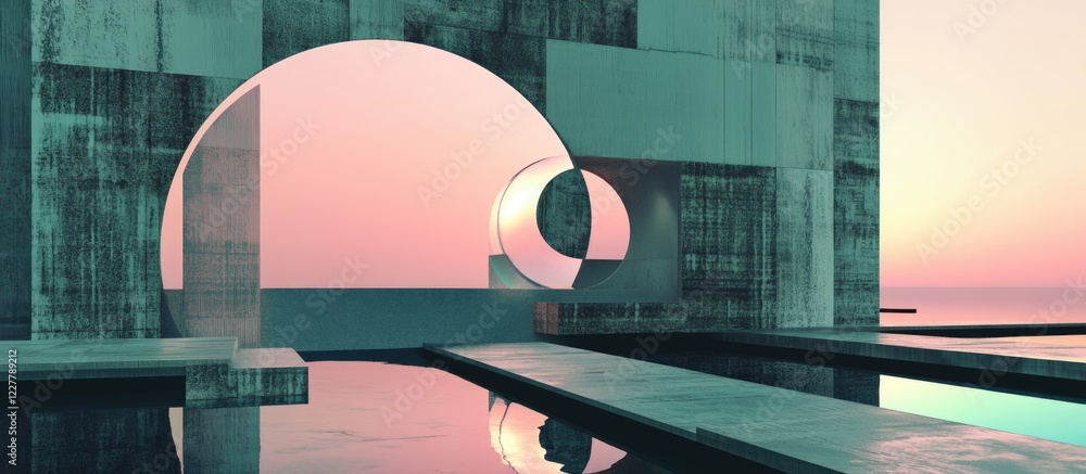 Aufkleber modern architectural setting with geometric shapes and tranquil water reflections showcasing a seren