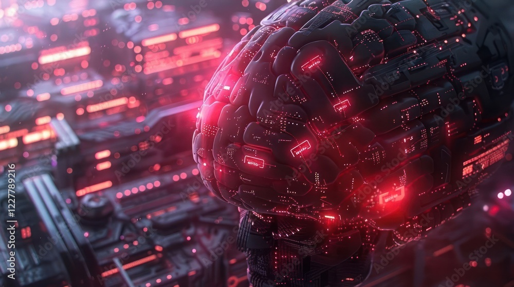 Poster futuristic digital brain design with glowing circuitry and neon lights in a high-tech environment