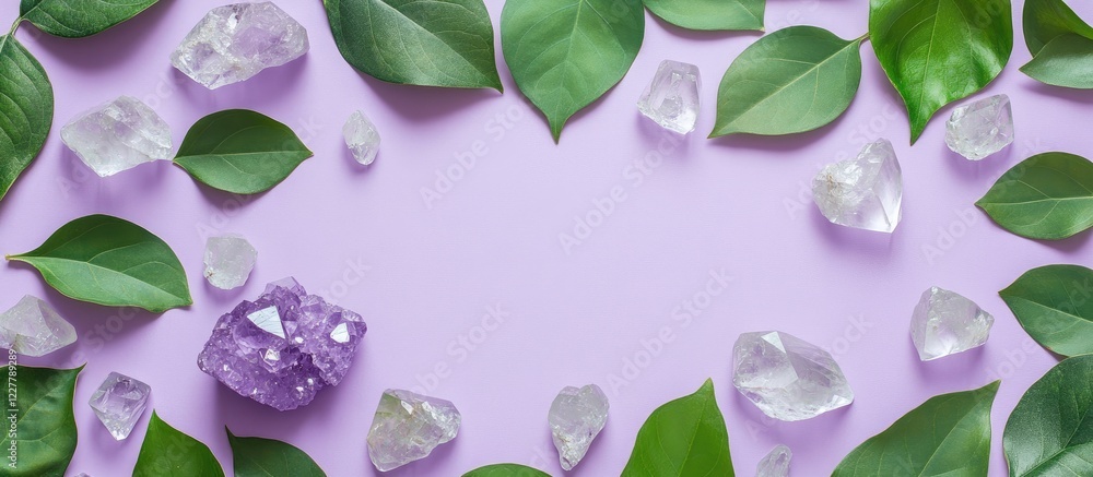 Poster green leaves and crystal quartz stones arranged on a lilac background creating an elegant flat lay w