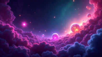 Fototapeta premium Glowing asteroids in a vibrant neon nebula, creating a mystical and futuristic cosmic scene with bursts of light.