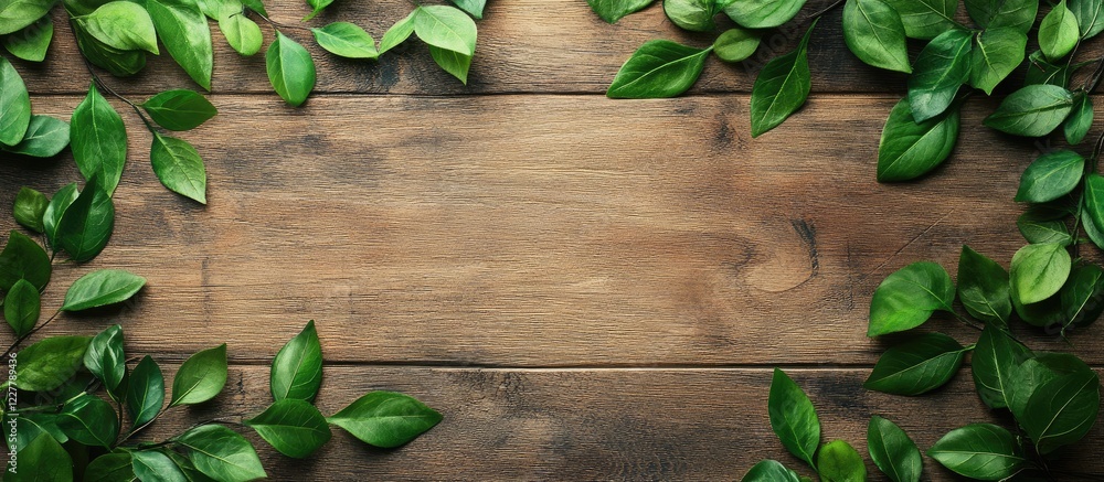 Poster green leaves and branches arranged on a rustic wooden background with ample space for text or design