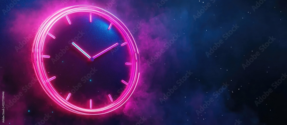 Poster glittering neon clock displaying midnight with colorful background and space for custom text