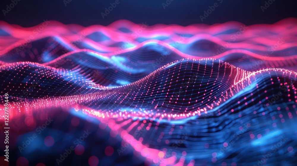 Poster abstract visualization of colorful waves representing data flow in a digital landscape