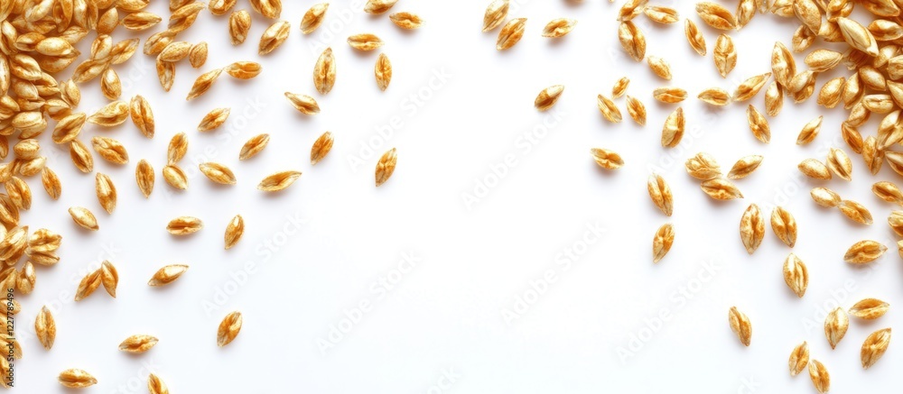 Poster golden wheat grains arranged on a white background creating space for text or design elements suitab