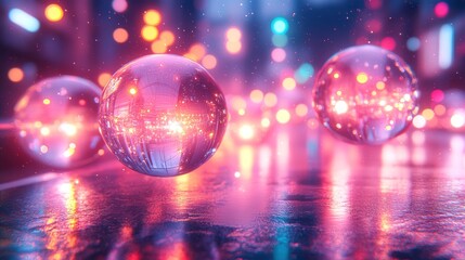 Cityscape reflection in glowing spheres on wet street