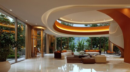 Luxurious modern living room, curved ceiling, forest view, interior design