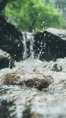 Captivating water splash action serene forest location nature content fresh environment ground level viewpoint dynamic motion concept