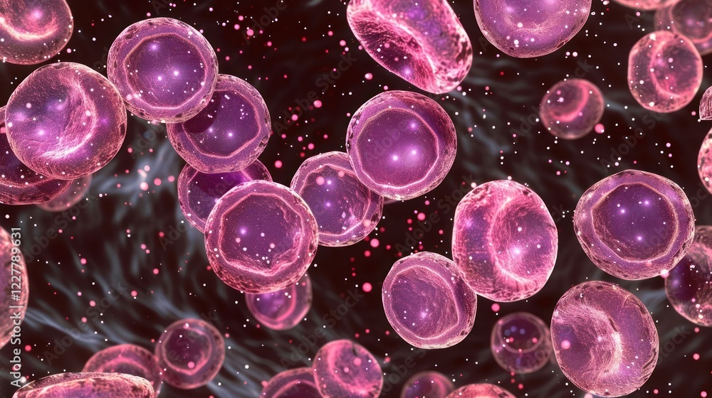 Poster vibrant microscopic view of cells in a dynamic environment showcasing biological activity